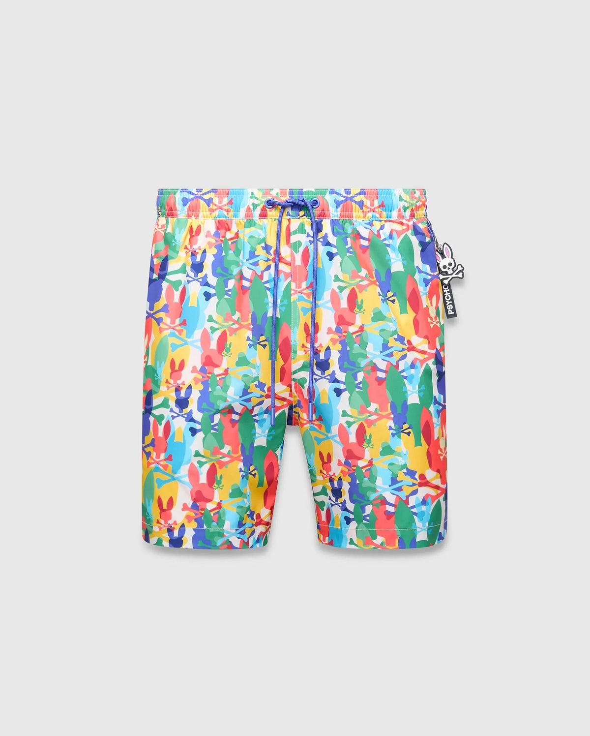 Mens Tanner Swim Trunk, a vibrant multi-color all-over print featuring Psycho Bunny skull logos and crossbones, with a blue drawstring and a distinct Psycho Bunny charm.