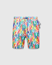 Mens Tanner Swim Trunk, a vibrant multi-color all-over print featuring Psycho Bunny skull logos and crossbones, with a blue drawstring and a distinct Psycho Bunny charm.