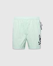 Mens Neo Swim Trunk 4, mint green, relaxed fit, smooth nylon fabric, with a large dark blue Psycho Bunny skull logo print on the right leg and a small Psycho Bunny keychain on the left hip. (5)