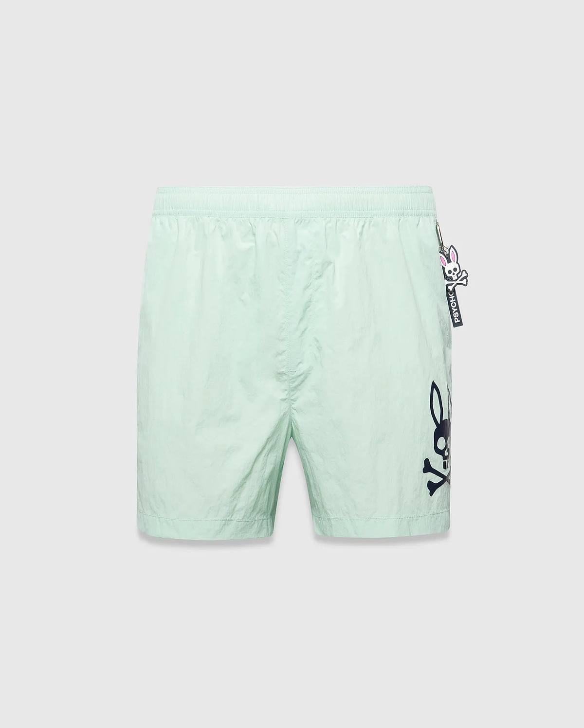 Mens Neo Swim Trunk 4, mint green, relaxed fit, smooth nylon fabric, with a large dark blue Psycho Bunny skull logo print on the right leg and a small Psycho Bunny keychain on the left hip. (5)