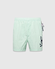 Mens Neo Swim Trunk 4, mint green, relaxed fit, smooth nylon fabric, with a large dark blue Psycho Bunny skull logo print on the right leg and a small Psycho Bunny keychain on the left hip. (5)