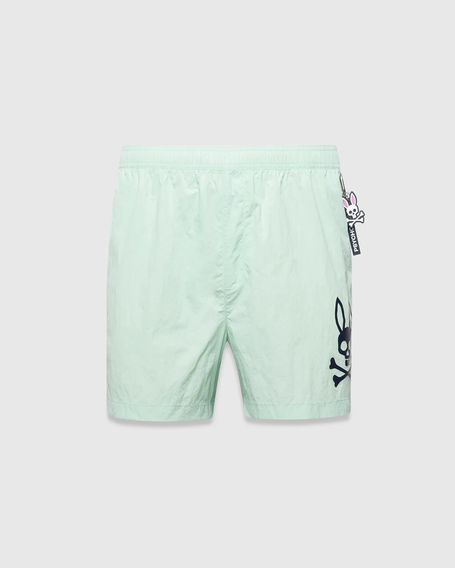 Mens Neo Swim Trunk 4, mint green, relaxed fit, smooth nylon fabric, with a large dark blue Psycho Bunny skull logo print on the right leg and a small Psycho Bunny keychain on the left hip. (5)