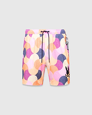 Mens Ethan Swim Trunk 6 with a vibrant mosaic pattern in pink, orange, purple, and cream. Features a black drawstring, large embroidered black Psycho Bunny skull logo on the left leg, and a Psycho Bunny tag.
