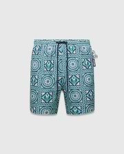 Mens Frank Swim Trunk 6, classic fit, vibrant teal, blue, and white mosaic tile pattern with repeated Psycho Bunny skull logos, floral motifs, dark blue drawstring, and a Psycho Bunny hip tag. (5)