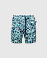Mens Frank Swim Trunk 6, classic fit, vibrant teal, blue, and white mosaic tile pattern with repeated Psycho Bunny skull logos, floral motifs, dark blue drawstring, and a Psycho Bunny hip tag. (5)