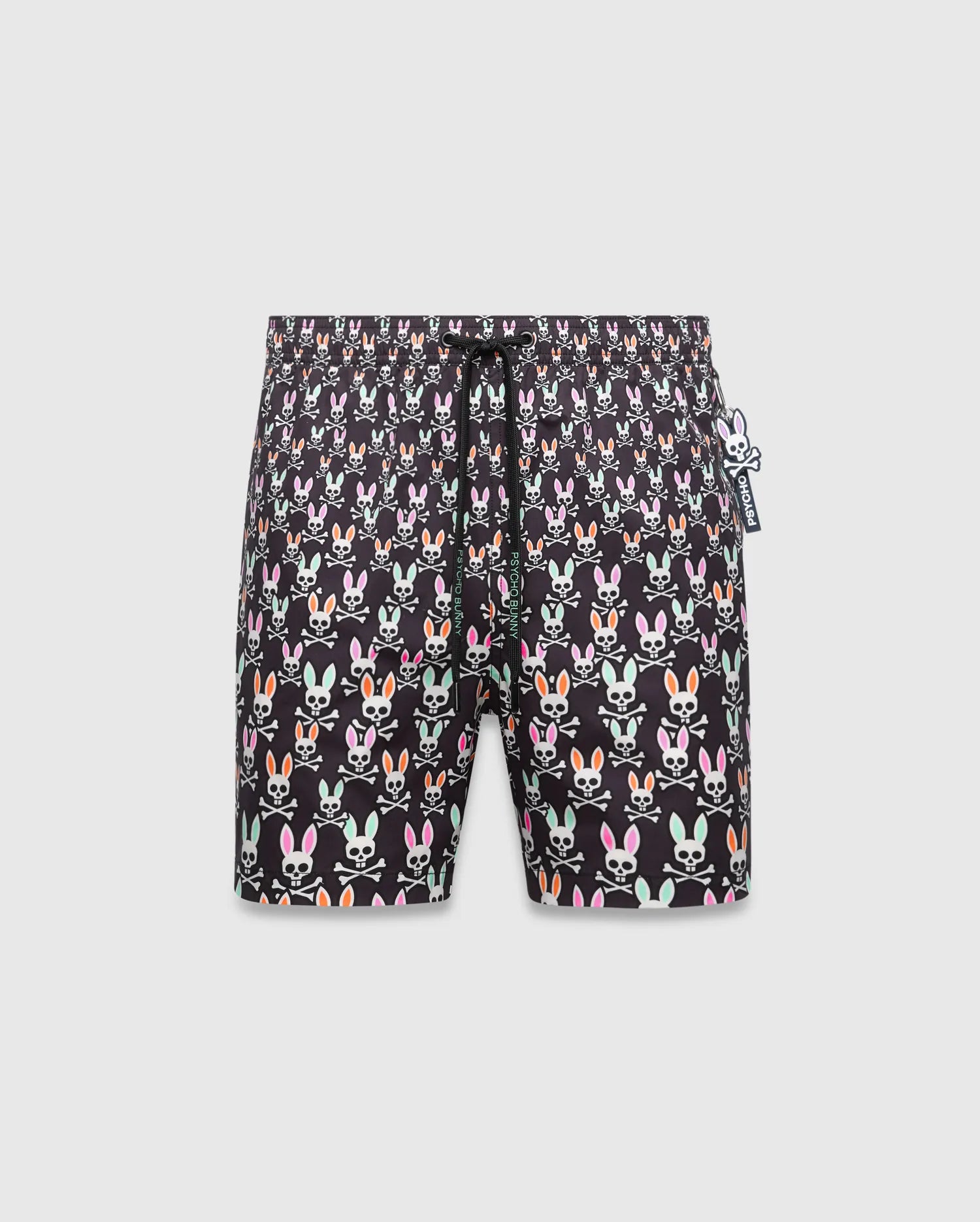 Mens Byron Swim Trunk 6, black with an all-over multi-color Psycho Bunny skull and crossbones print, featuring a small white Psycho Bunny logo tag on the right side, in a relaxed fit quick-dry fabric. (5)