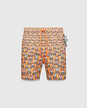 Mens Byron Swim Trunk 6, orange with an all-over multi-color Psycho Bunny skull pattern, drawstring waist, and a small Psycho Bunny logo charm.