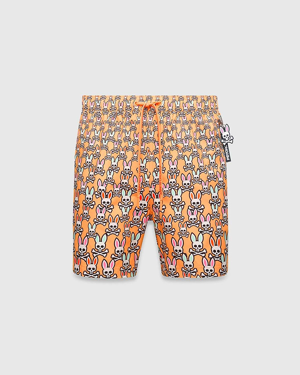 Mens Byron Swim Trunk 6, orange with an all-over multi-color Psycho Bunny skull pattern, drawstring waist, and a small Psycho Bunny logo charm.