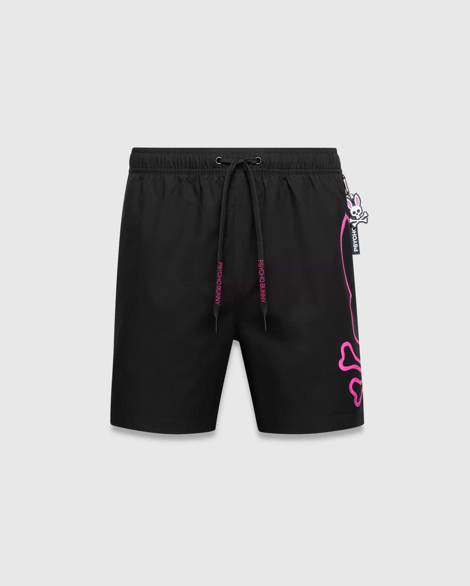 Mens Duncan Bunny Print Swim Trunk, black with a large hot pink outline bunny skull logo on the right leg, pink Psycho Bunny text on drawstrings, and a small bunny skull charm.