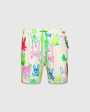 Mens Quintin All Over Print Swim Trunk, white with vibrant graffiti-style Psycho Bunny skull and splatter print in neon green, pink, blue, red, purple, featuring a neon green drawstring and small side logo charm.