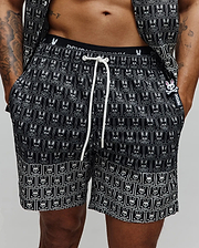 Mens Keon All Over Bunny Swim Trunk, black with white all-over Psycho Bunny skull logo pattern, white drawstring, elastic waistband with small white bunny, side pocket with pink-accented rubber tag, relaxed fit. (2)