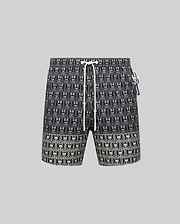Mens Keon All Over Bunny Swim Trunk, black with an all-over white bunny skull logo pattern, classic fit, featuring a white drawstring and a small pink and white Psycho Bunny tag. (5)