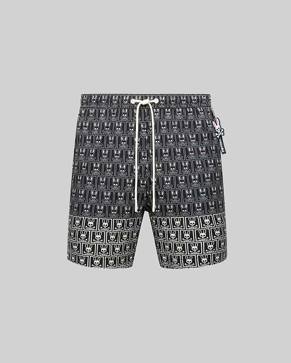 Mens Keon All Over Bunny Swim Trunk, black with an all-over white bunny skull logo pattern, classic fit, featuring a white drawstring and a small pink and white Psycho Bunny tag. (5)