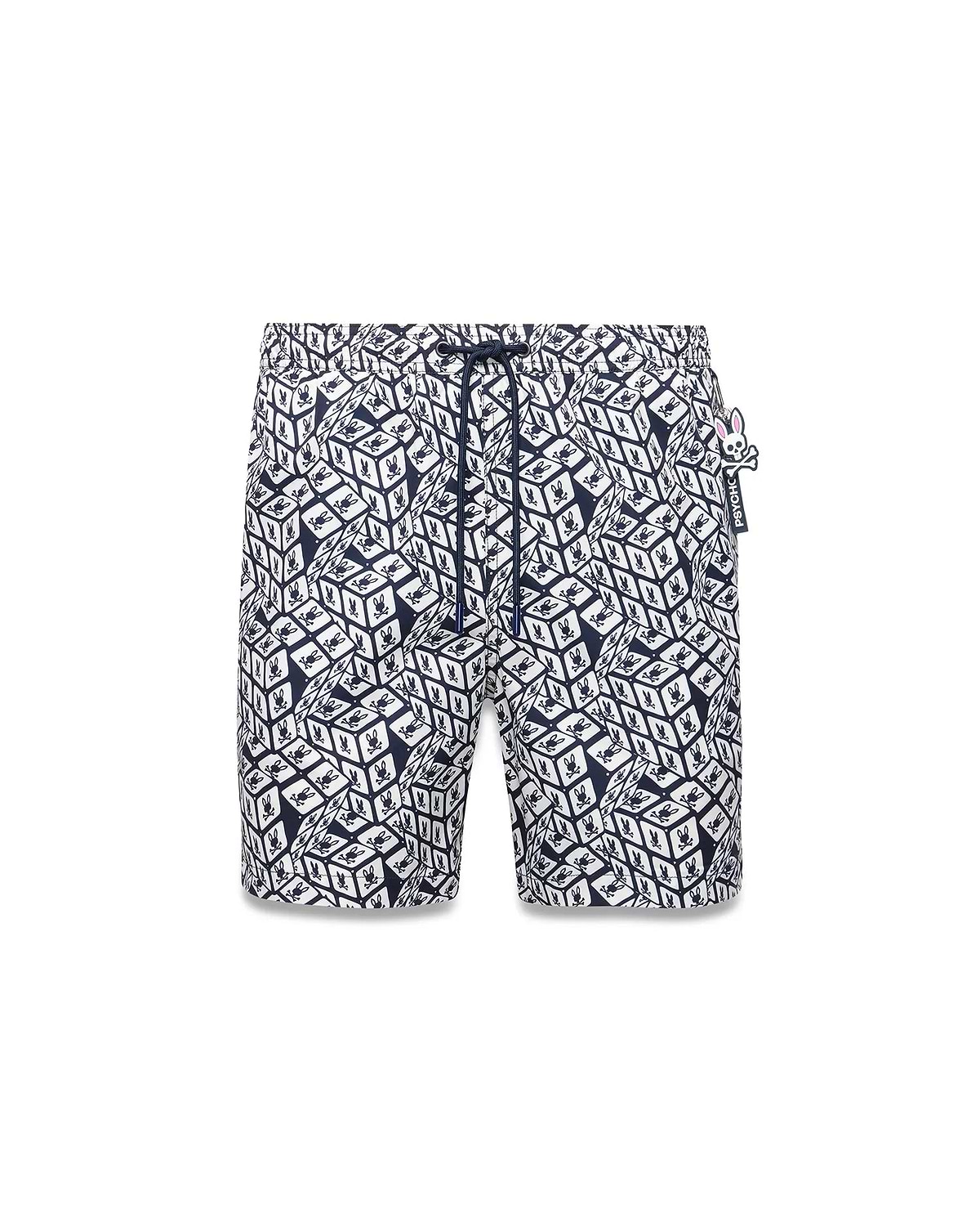 Mens Eddy All Over Print Swim Trunk in navy blue and white, featuring an all-over 3D cube pattern with small Psycho Bunny skull logos, classic fit, drawstring waist, and smooth quick-dry fabric.