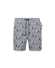 Mens Eddy All Over Print Swim Trunk in navy blue and white, featuring an all-over 3D cube pattern with small Psycho Bunny skull logos, classic fit, drawstring waist, and smooth quick-dry fabric.
