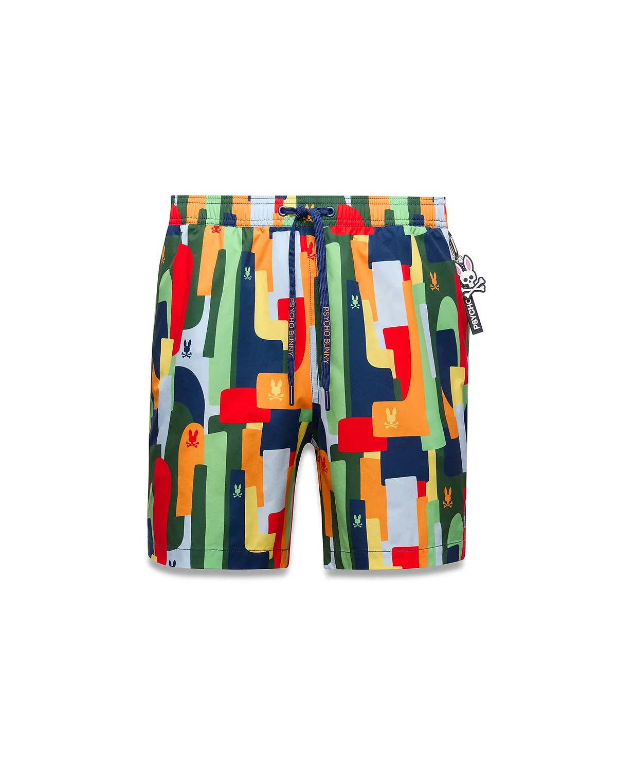 Mens Wes All Over Print Swim Trunk, featuring a vibrant multi-color abstract geometric pattern with repeated small Psycho Bunny skull logos, navy drawstrings with Psycho Bunny text, and a skull charm, crafted from smooth quick-dry fabric.