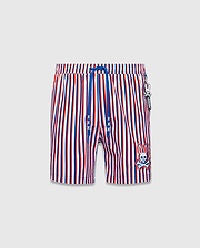 Mens John All Over Print Swim Trunk, red, white, blue vertical stripes, blue drawstring with mini bunny skulls, large embroidered Psycho Bunny skull logo on left leg, and Psycho Bunny tag.