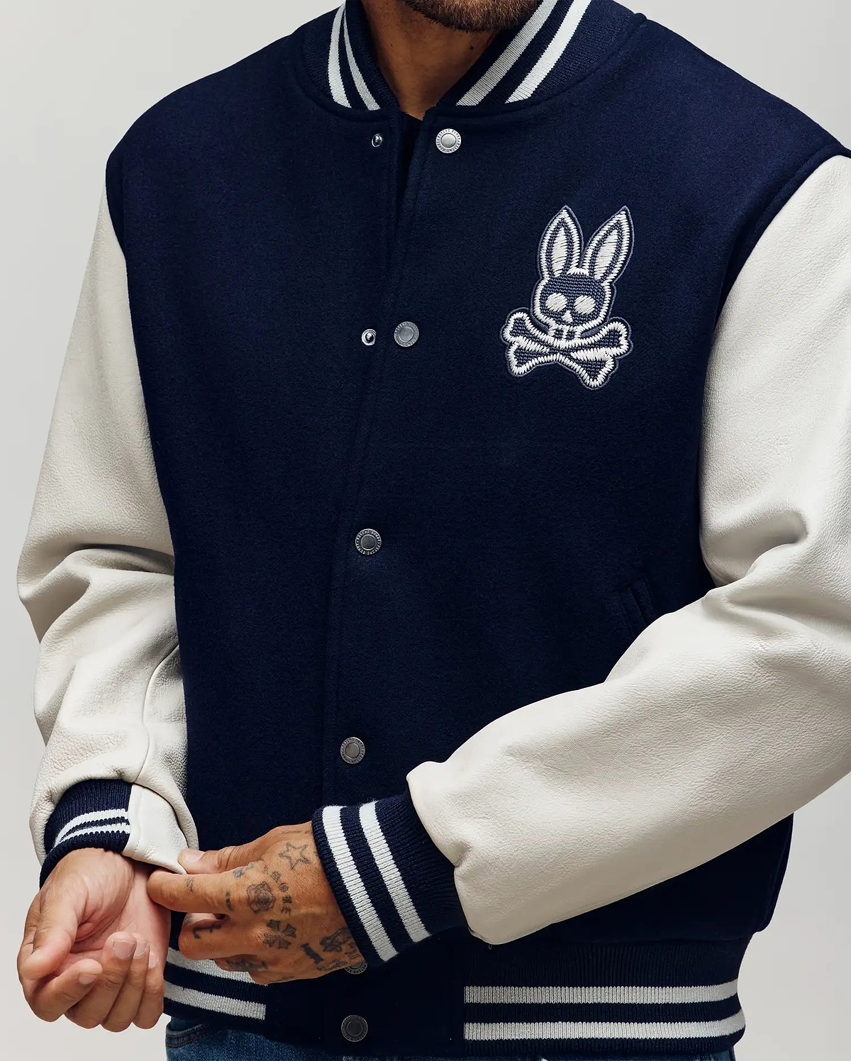 Men's Jacob Leather Bomber in Blue | Psycho Bunny