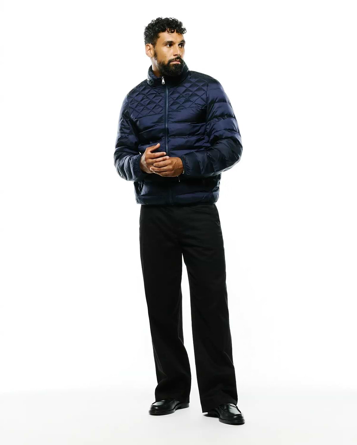 Mens Emerik Hooded Puffer Jacket in navy blue, featuring a classic fit, full-zip closure, and a distinctive diamond-quilted pattern across its padded, sleek fabric.