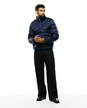 Mens Emerik Hooded Puffer Jacket in navy blue, featuring a classic fit, full-zip closure, and a distinctive diamond-quilted pattern across its padded, sleek fabric.