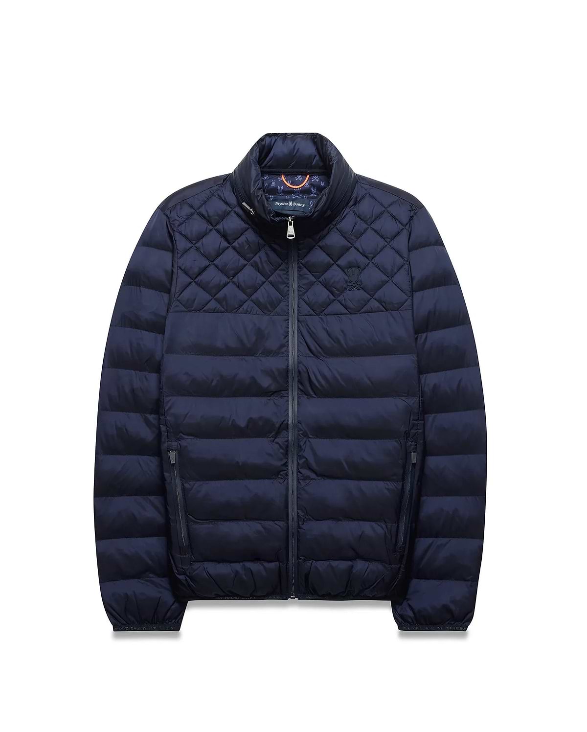 Navy Mens Emerik Puffer Jacket, quilted upper, horizontal baffles, stand collar, full zip, zippered pockets. Small embroidered Psycho Bunny skull on left chest, colorful patterned inner collar.
