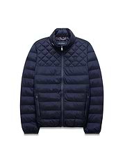 Navy Mens Emerik Puffer Jacket, quilted upper, horizontal baffles, stand collar, full zip, zippered pockets. Small embroidered Psycho Bunny skull on left chest, colorful patterned inner collar.