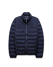 Navy Mens Emerik Puffer Jacket, quilted upper, horizontal baffles, stand collar, full zip, zippered pockets. Small embroidered Psycho Bunny skull on left chest, colorful patterned inner collar.