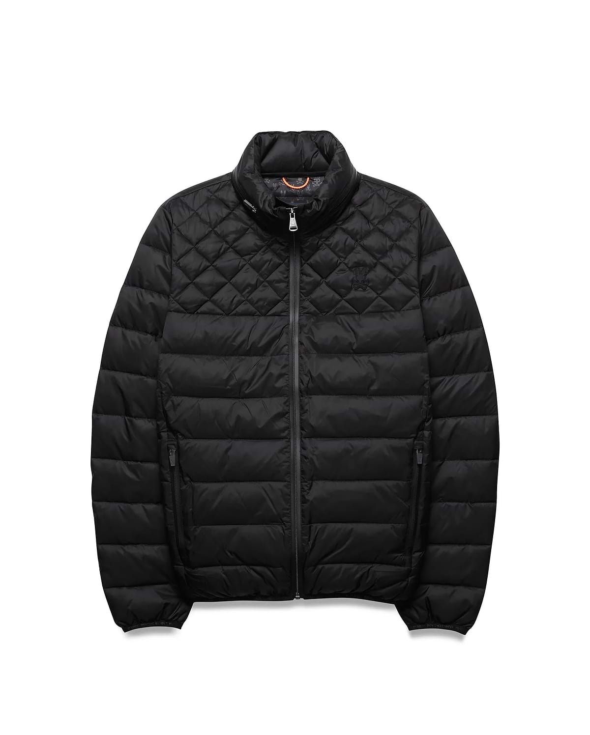 Mens Emerik Puffer Jacket. Black classic fit nylon puffer jacket with quilted upper, horizontal baffles, full zip, stand collar, tonal embroidered bunny skull on left chest, orange collar lining, and subtle cuff branding.