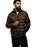 Mens Emerik Hooded Puffer Jacket in rich brown, featuring a quilted upper, horizontal puffer channels, a full zip, and a small black embroidered Psycho Bunny skull logo on the left chest.
