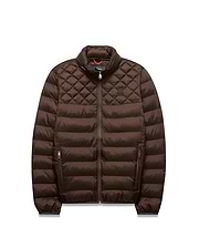 Mens Emerik Puffer Jacket, brown, with diamond quilted shoulders, horizontal body quilting, full zip, stand collar, and small embroidered Psycho Bunny skull logo on left chest; orange inner collar.