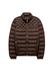 Mens Emerik Puffer Jacket, brown, with diamond quilted shoulders, horizontal body quilting, full zip, stand collar, and small embroidered Psycho Bunny skull logo on left chest; orange inner collar.