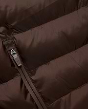 Mens Emerik Puffer Jacket in rich brown, crafted from smooth, quilted nylon. Features horizontal puffer channels and a dark grey zipper with a small Psycho Bunny skull logo pull.
