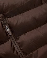 Mens Emerik Puffer Jacket in rich brown, crafted from smooth, quilted nylon. Features horizontal puffer channels and a dark grey zipper with a small Psycho Bunny skull logo pull.