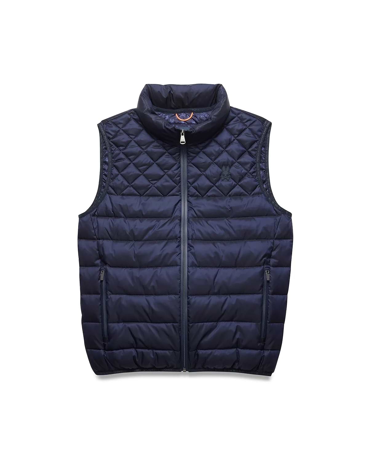 Mens Emerik Puffer Vest in navy, featuring a quilted upper with an embroidered Psycho Bunny skull logo, horizontal baffles on the lower body, full zip, and zippered pockets. Orange accent inside collar.