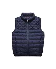 Mens Emerik Puffer Vest in navy, featuring a quilted upper with an embroidered Psycho Bunny skull logo, horizontal baffles on the lower body, full zip, and zippered pockets. Orange accent inside collar.