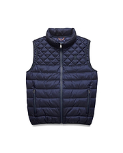 Mens Emerik Puffer Vest in navy, featuring a quilted upper with an embroidered Psycho Bunny skull logo, horizontal baffles on the lower body, full zip, and zippered pockets. Orange accent inside collar.