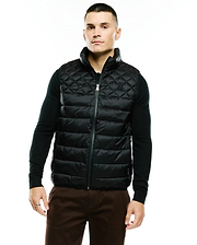 Mens Emerik Quilted Puffer Vest in black, featuring a classic fit, full-zip closure, stand collar, and a small embroidered Psycho Bunny skull logo on the left chest. The vest has a diamond quilted upper and horizontal quilted lower.