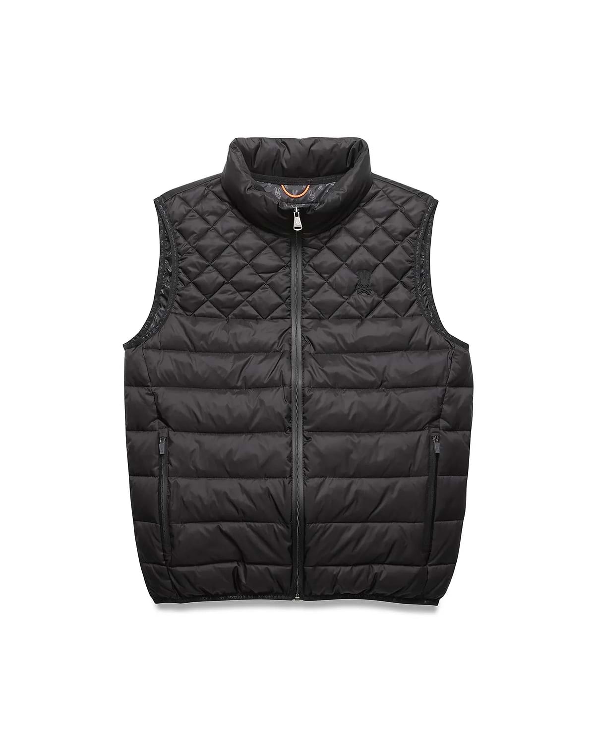 Black Mens Emerik Puffer Vest with quilted upper, horizontal baffles, small embroidered Psycho Bunny skull logo on left chest, full zip, and orange inner collar featuring repeating branding.