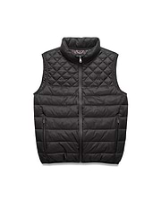 Black Mens Emerik Puffer Vest with quilted upper, horizontal baffles, small embroidered Psycho Bunny skull logo on left chest, full zip, and orange inner collar featuring repeating branding.