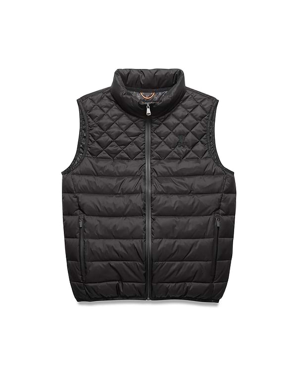 Black Mens Emerik Puffer Vest with quilted upper, horizontal baffles, small embroidered Psycho Bunny skull logo on left chest, full zip, and orange inner collar featuring repeating branding.