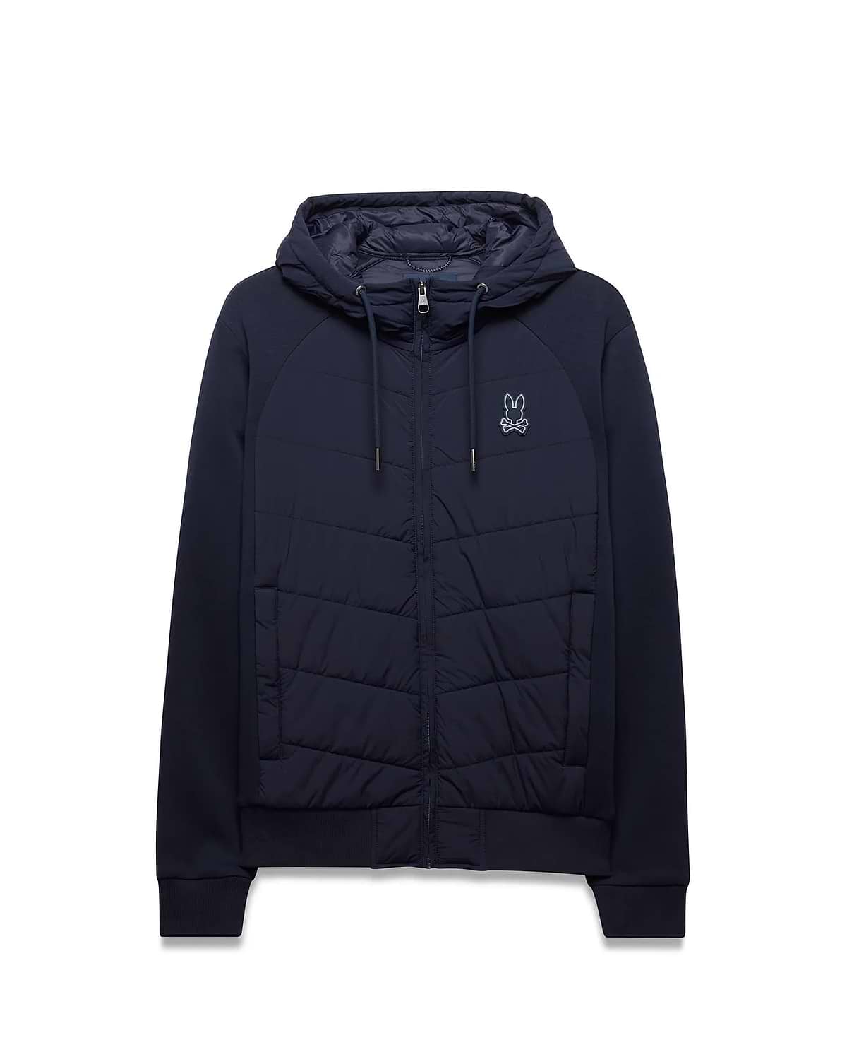 Mens Gordley Mix Media Jacket in navy, full-zip, with a quilted front panel, smooth raglan sleeves, ribbed cuffs and hem, and a small embroidered white Psycho Bunny skull logo on the left chest. (4)