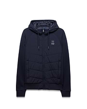 Mens Gordley Mix Media Jacket in navy, full-zip, with a quilted front panel, smooth raglan sleeves, ribbed cuffs and hem, and a small embroidered white Psycho Bunny skull logo on the left chest. (4)