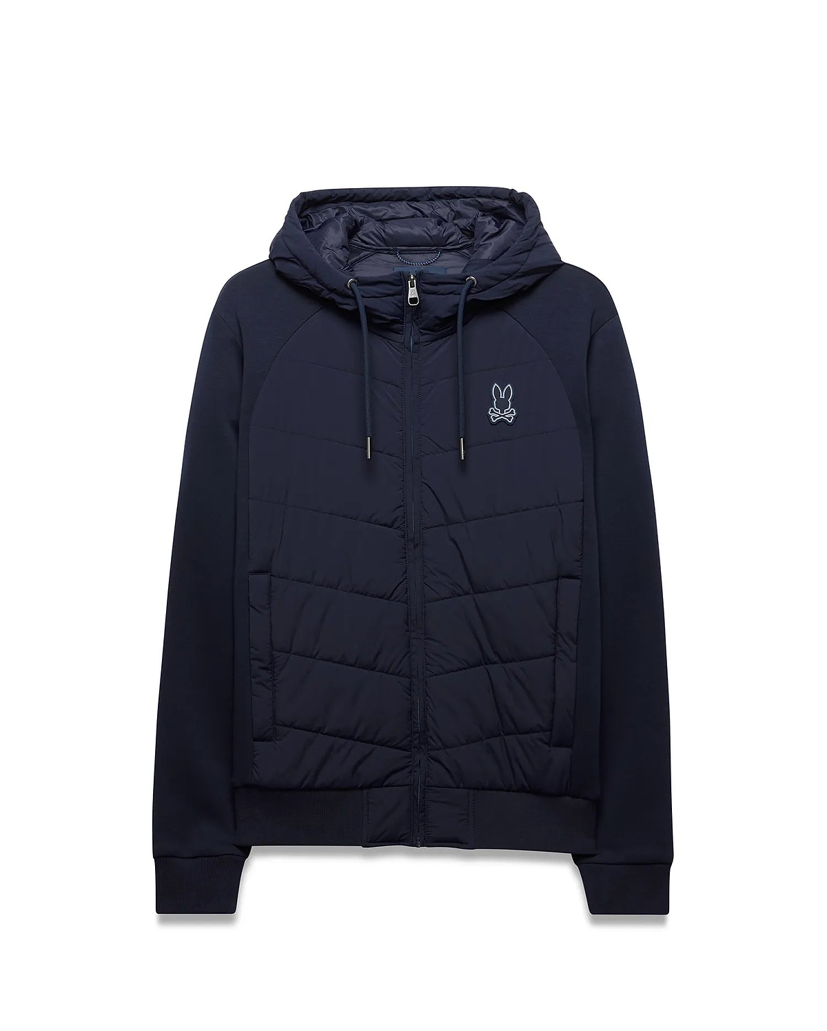 Mens Gordley Mix Media Jacket in navy, full-zip, with a quilted front panel, smooth raglan sleeves, ribbed cuffs and hem, and a small embroidered white Psycho Bunny skull logo on the left chest. (4)