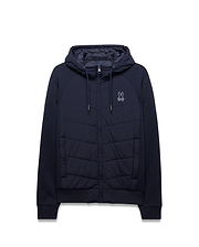 Mens Gordley Mix Media Jacket in navy, full-zip, with a quilted front panel, smooth raglan sleeves, ribbed cuffs and hem, and a small embroidered white Psycho Bunny skull logo on the left chest. (4)