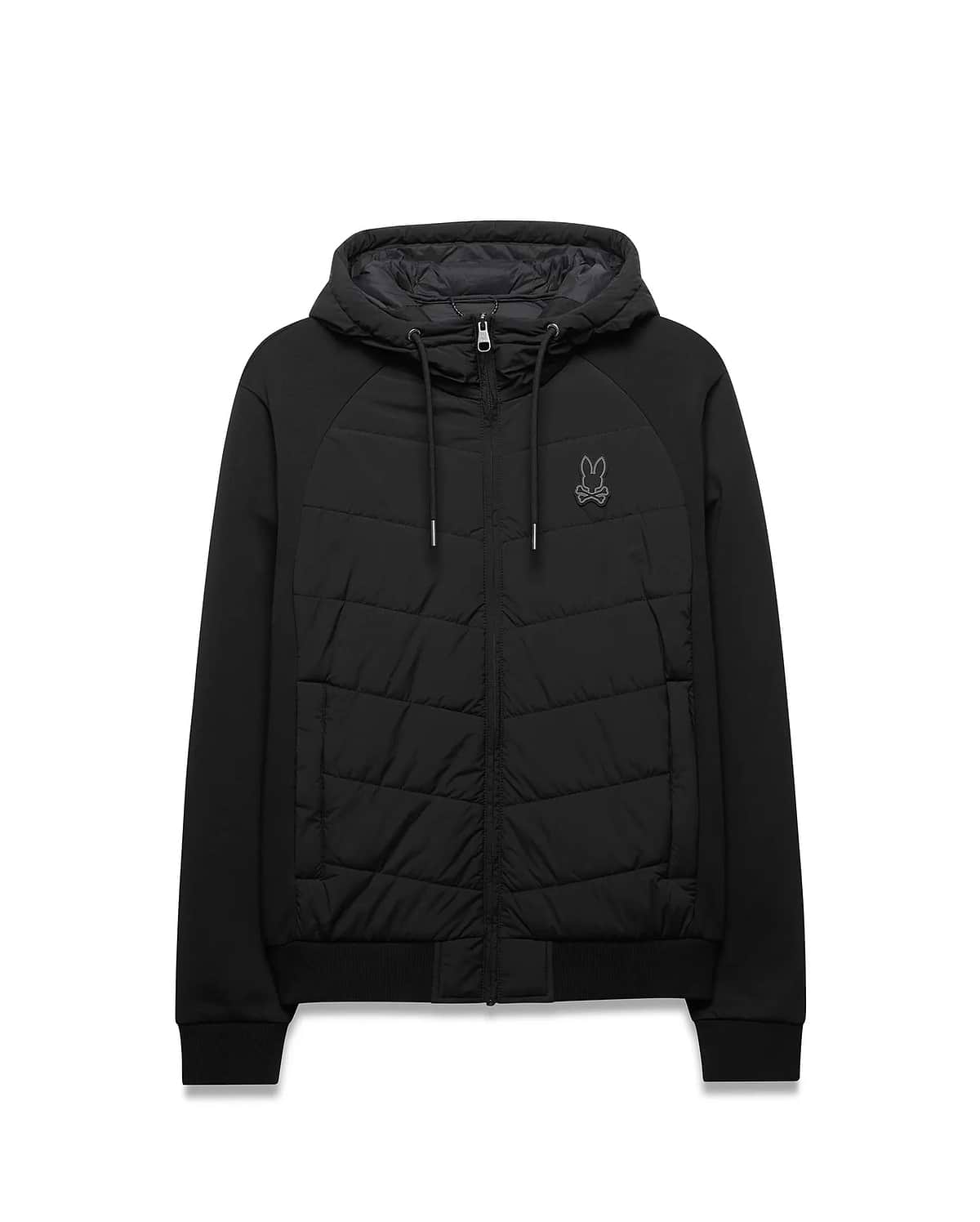 Mens Gordley Mix Media Jacket. Black hooded full-zip jacket featuring a quilted front panel, smooth raglan sleeves, ribbed cuffs and hem, with a small embroidered Psycho Bunny skull logo on the left chest. (5)