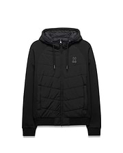 Mens Gordley Mix Media Jacket. Black hooded full-zip jacket featuring a quilted front panel, smooth raglan sleeves, ribbed cuffs and hem, with a small embroidered Psycho Bunny skull logo on the left chest. (5)