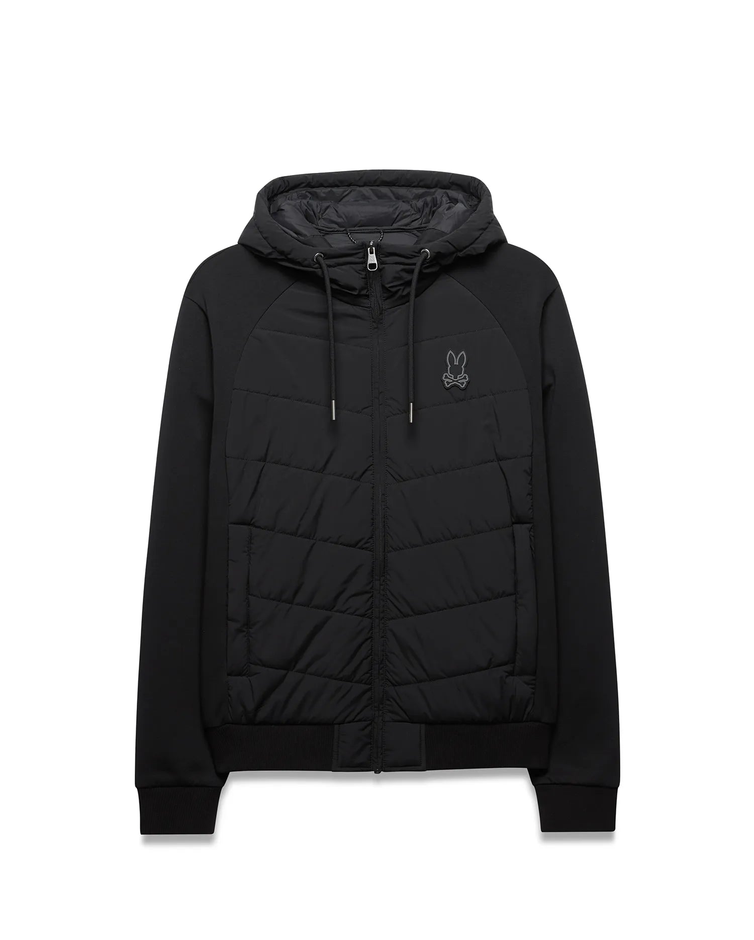 Mens Gordley Mix Media Jacket. Black hooded full-zip jacket featuring a quilted front panel, smooth raglan sleeves, ribbed cuffs and hem, with a small embroidered Psycho Bunny skull logo on the left chest. (5)