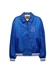 Mens Nathaniel Satin Coach Jacket, royal blue satin, full-zip, ribbed cuffs/hem with white stripes, zippered sleeve pocket, and large white embroidered Psycho Bunny skull logo on left chest. (6)