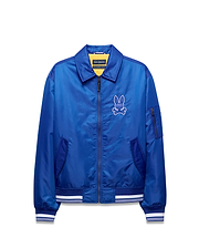 Mens Nathaniel Satin Coach Jacket, royal blue satin, full-zip, ribbed cuffs/hem with white stripes, zippered sleeve pocket, and large white embroidered Psycho Bunny skull logo on left chest. (6)