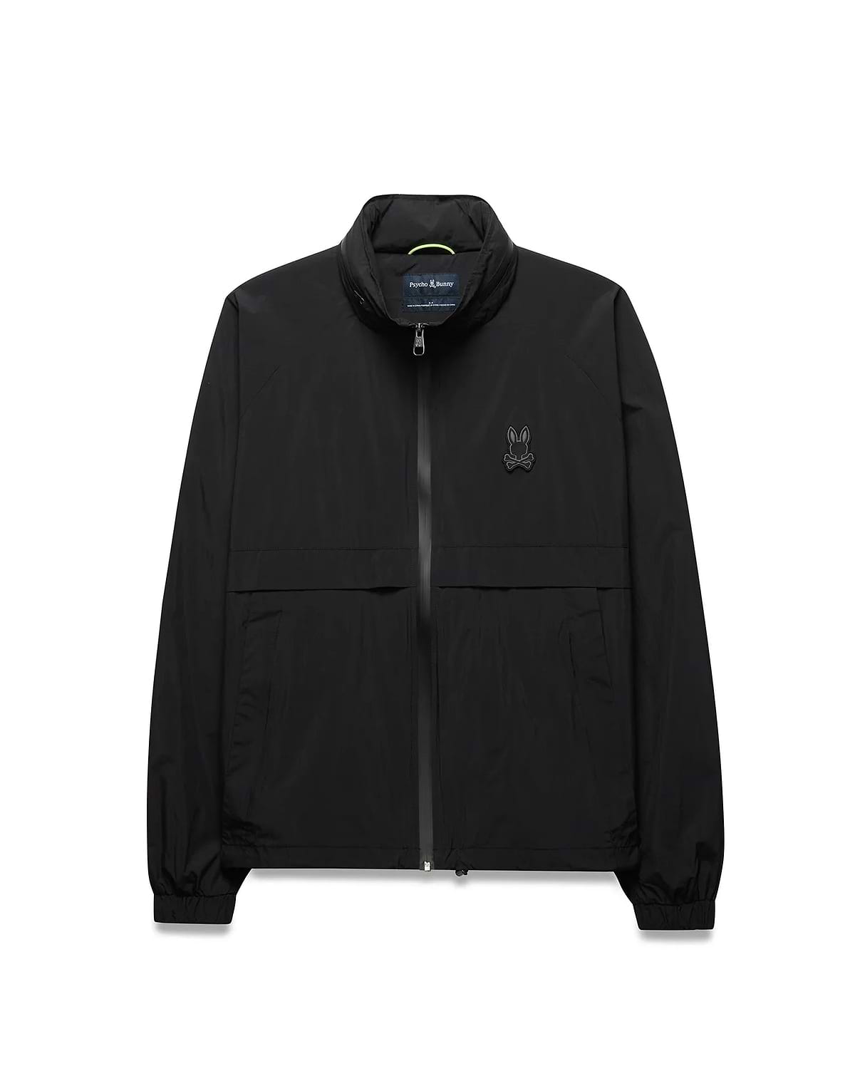 Black Mens Javier Windbreaker Jacket with a classic fit, smooth fabric, full zip, stand collar with neon green accent, elastic cuffs and hem, and a small dark grey embroidered Psycho Bunny skull logo on the left chest. (5)